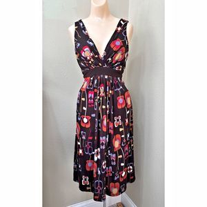 Womens Floral Y2K Deep V Fit Flare Midi Dress Size Medium Babydoll Artsy Mod